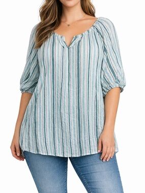 Talbots Teal and White Striped Blouse Linen Peasant Coastal Tunic XL